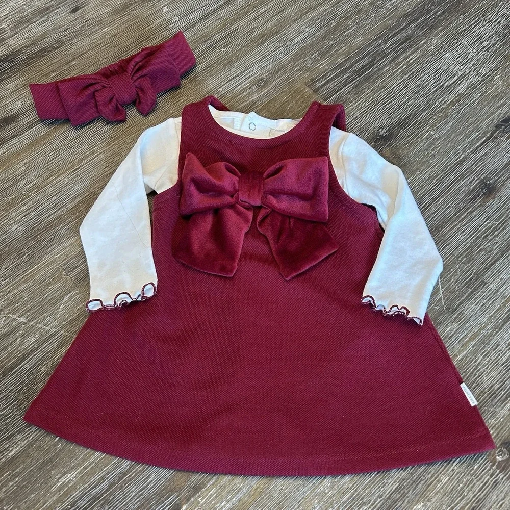 Tahari Baby 2 Pc Burgundy Velvet Bow Dress Set Headband 3-6M Holiday